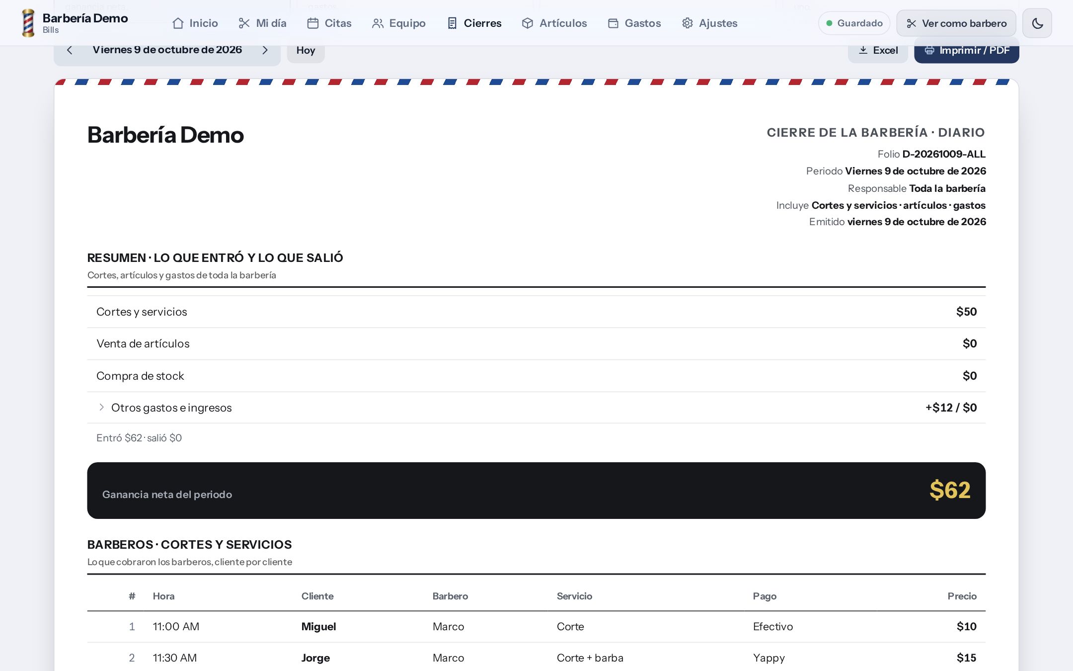 Cierre de caja diario de toda la barbería en Bills, listo para imprimir